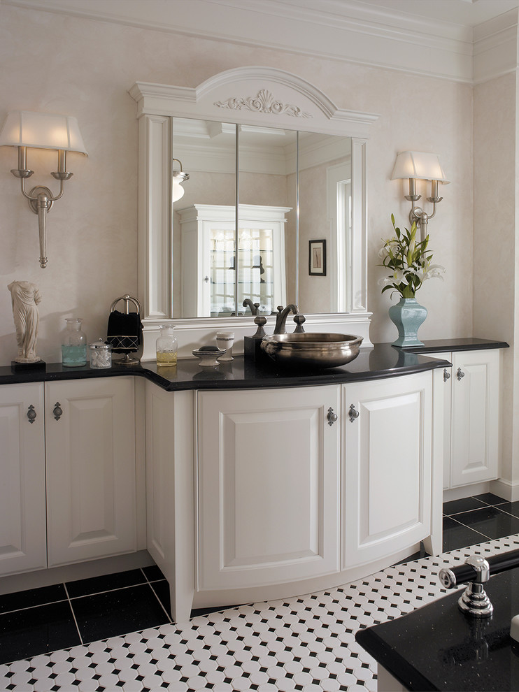 Design ideas for a large traditional master bathroom in Other with a vessel sink, raised-panel cabinets, white cabinets, beige walls and ceramic floors.