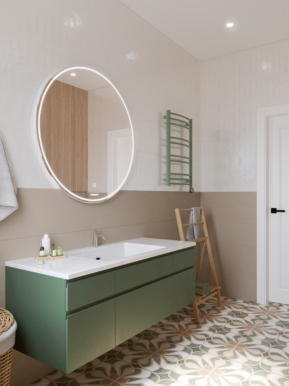 Современный интерьер дома с акцентами лестного цвета