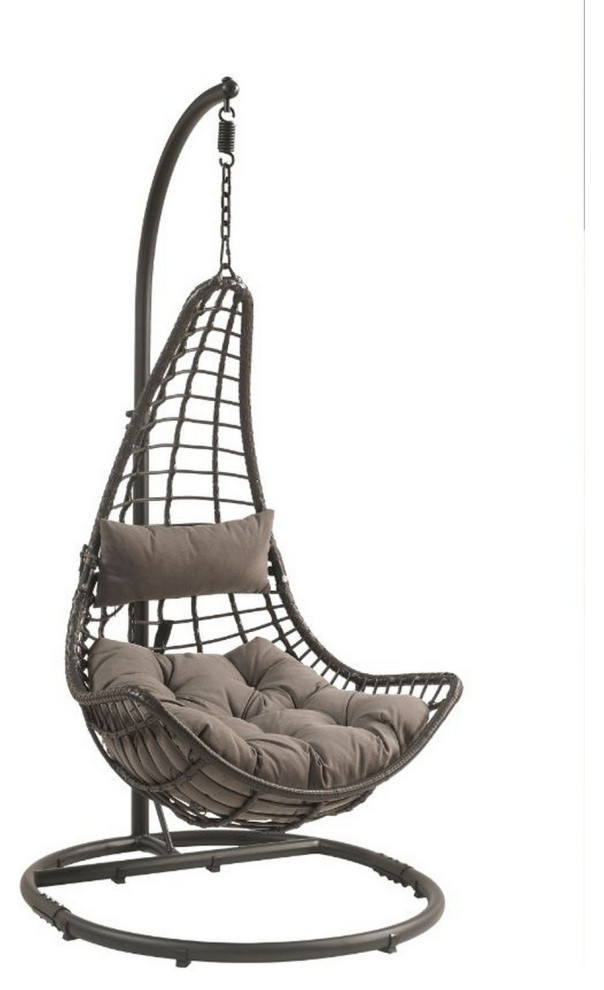 Benzara BM250671 Patio Hanging Chair With Tear Drop Shape & Thick Cushions, Gray