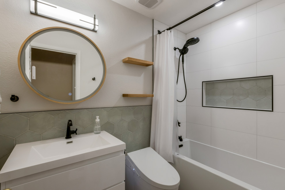Photo of a large transitional master bathroom in Phoenix with flat-panel cabinets, white cabinets, an alcove tub, an alcove shower, a bidet, white tile, porcelain tile, grey walls, porcelain floors, an integrated sink, grey floor, a shower curtain, white benchtops, a niche, a single vanity and a floating vanity.
