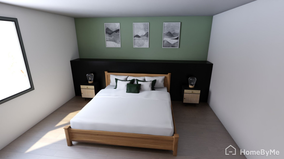 Aménagement d'une chambre parentale scandinave de taille moyenne avec un mur vert, sol en stratifié, aucune cheminée et un sol beige.
