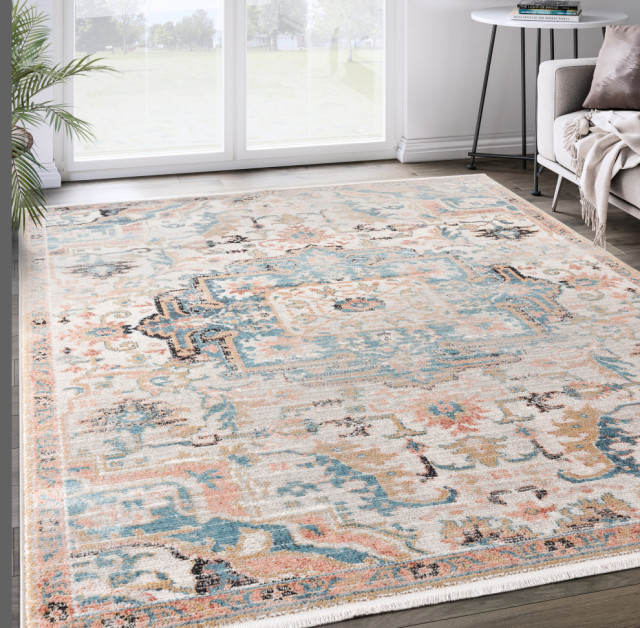 Abani Azure Collection AZR110A Faded Vintage Persian Area Rug, Beige, 5'3"x7'6"