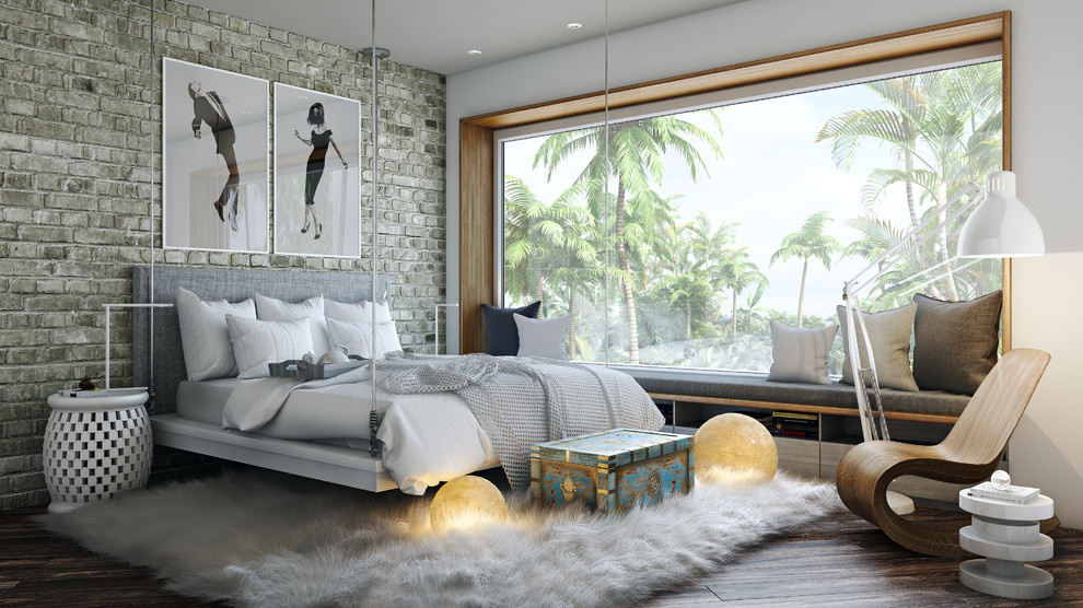 Design ideas for a contemporary master bedroom in Los Angeles with grey walls and medium hardwood floors.