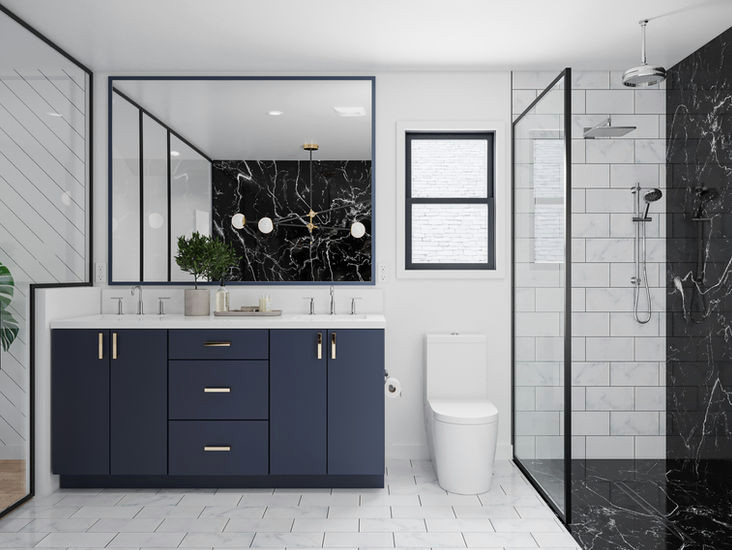 Réalisation d'une douche en alcôve principale minimaliste de taille moyenne avec un placard à porte shaker, des portes de placard bleues, une baignoire indépendante, WC à poser, un carrelage noir, des dalles de pierre, un mur noir, un sol en carrelage de porcelaine, un lavabo encastré, un plan de toilette en granite, un sol blanc, une cabine de douche à porte battante, un plan de toilette blanc, une niche, meuble double vasque, meuble-lavabo encastré et un plafond voûté.