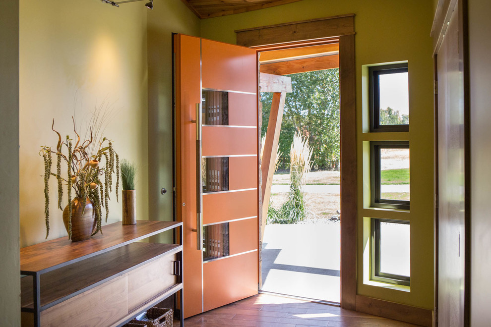 Large midcentury front door in Other with green walls, medium hardwood floors, a single front door, an orange front door and brown floor.