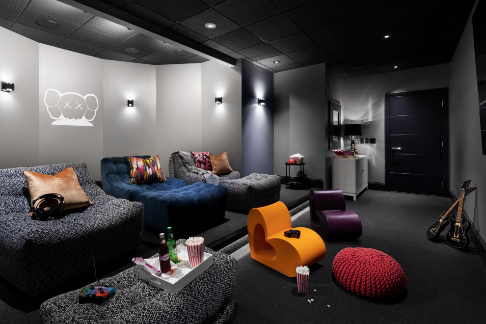 Inspiration for a contemporary home theatre in Milwaukee with grey walls, carpet and grey floor.