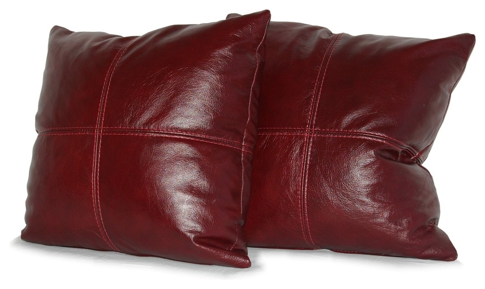 Square Genuine Leather Accent Throw Pillows, Set of 2, Merlot, 22"x22"