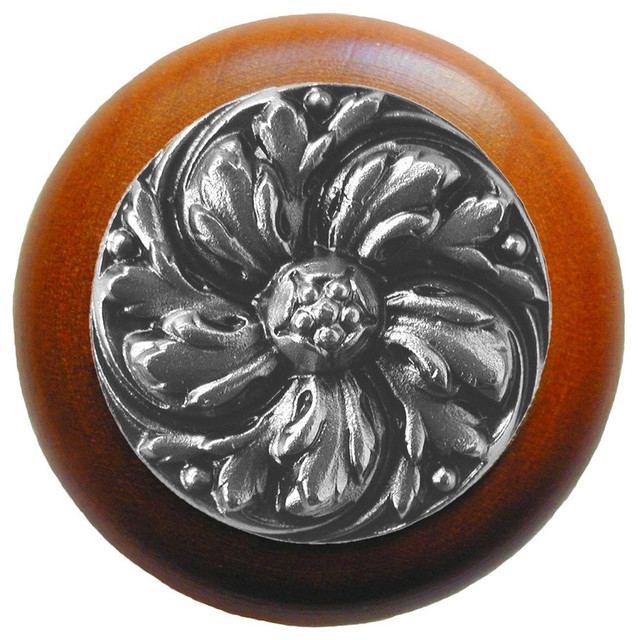 Chrysanthemum Cherry Wood Knob, Satin Nickel Traditional