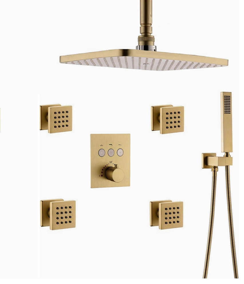 FontanaShowers Ceiling Mount Brushed Gold Bathroom Thermostatic Button Shower