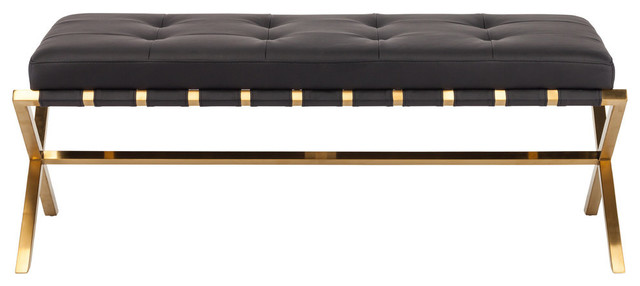 Auguste Faux Leather Bench, Seat: Black, Small, Base: Brushed Gold