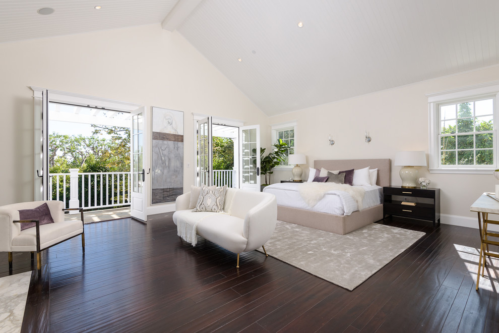 Bedroom - transitional dark wood floor and brown floor bedroom idea with white walls