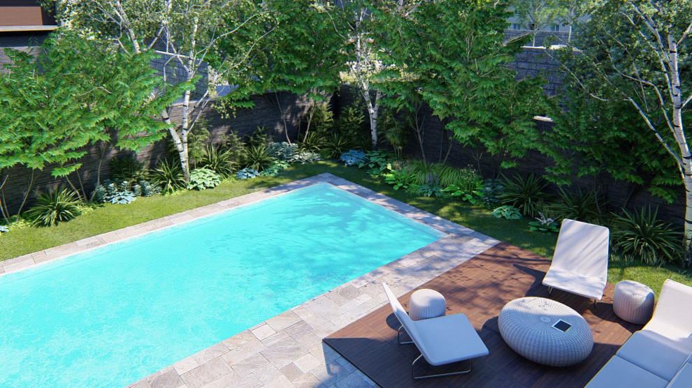 Design ideas for a mid-sized contemporary backyard pool.