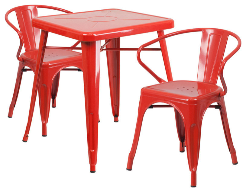 Metal Indoor-Outdoor Table Set With 2 Arm Chairs, Red, 27.75"x27.75"x29"
