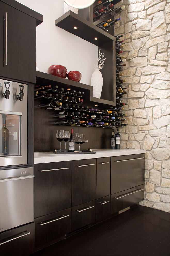 Design ideas for a contemporary wine cellar in Other with dark hardwood floors, storage racks and brown floor.