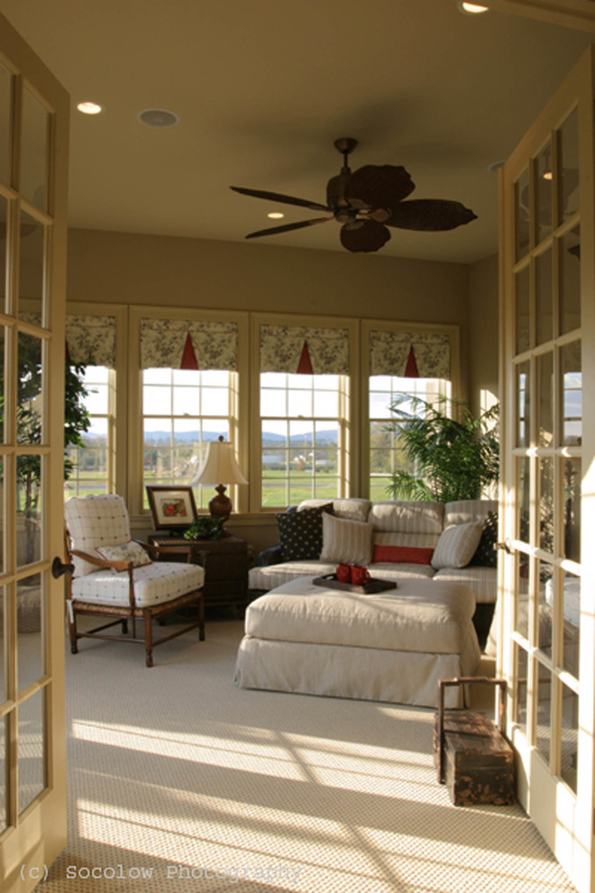 Large traditional sunroom in Other with carpet, a standard ceiling, no fireplace and white floor.