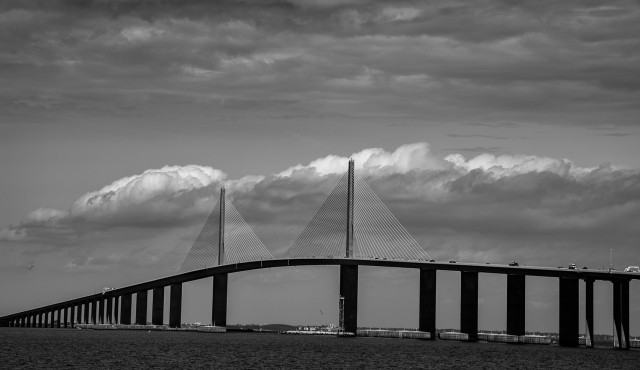 Skyway Bridge Black And White Coastal Landscape Photo Unframed