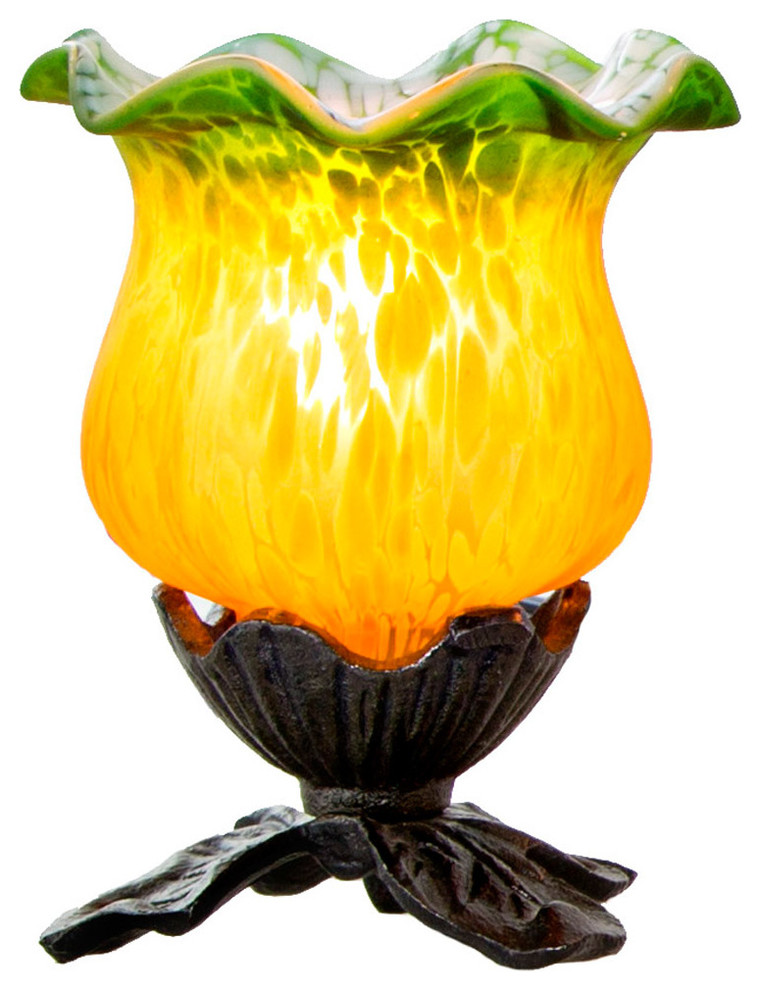 6" Handpainted Frosted Glass Tulip Lily Uplight Accent Lamp, Green/Yellow