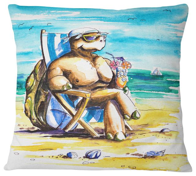 Turtle Enjoying Holidays on Beach Seashore Throw Pillow, 16"x16"