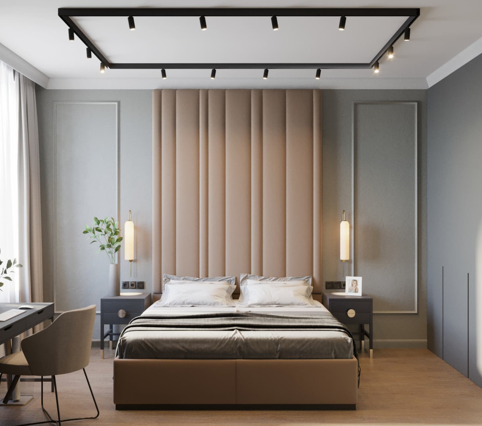 This is an example of a mid-sized contemporary master bedroom in Moscow with grey walls and brown floor.