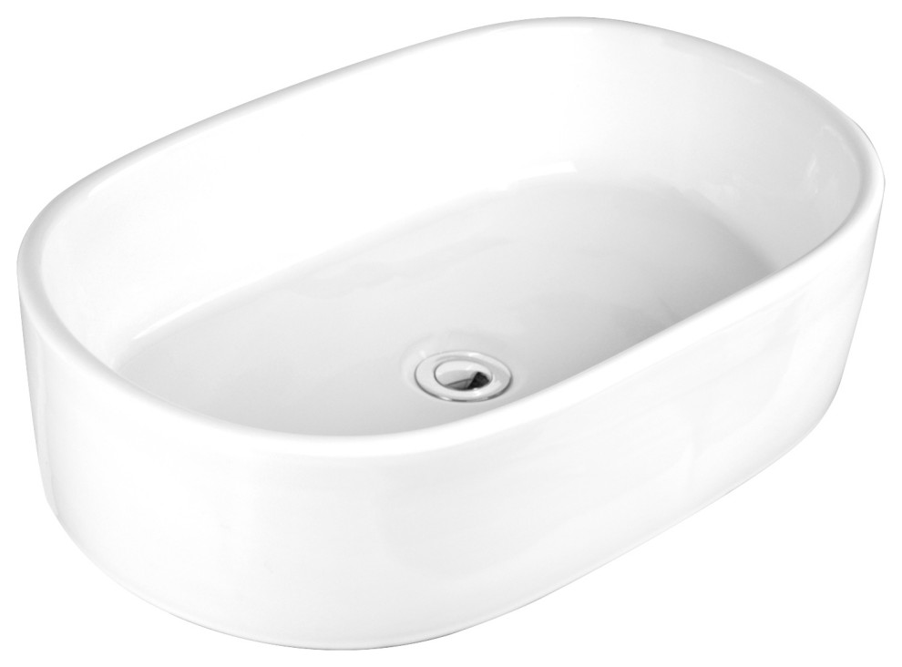 Sutherland White Ceramic Oval Vessel Bathroom Sink, pop up drain