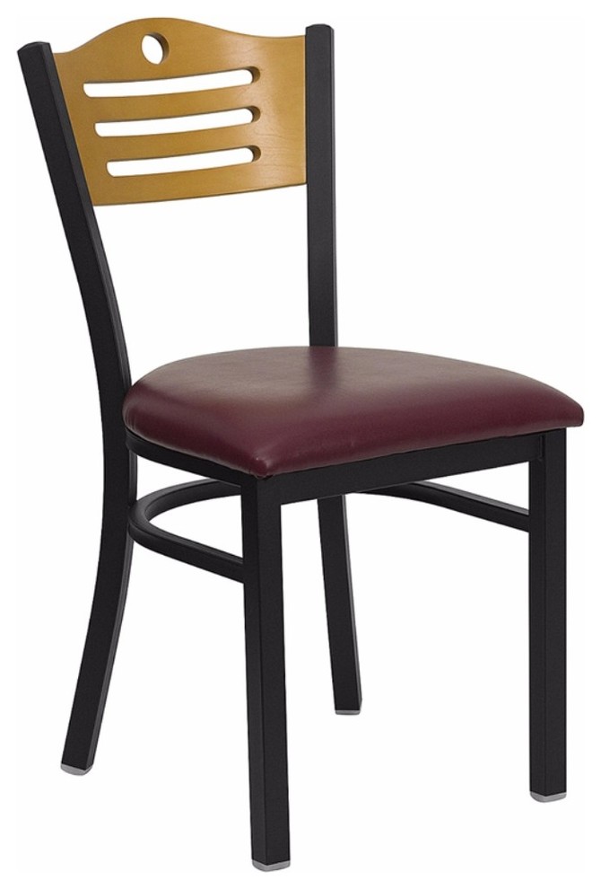 Offex Natural Wood Slat Back Metal Restaurant Chair With Burgundy Vinyl Seat