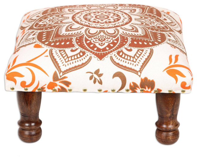 Novica Handmade Floral Mandala In Orange Upholstered Ottoman Foot Stool