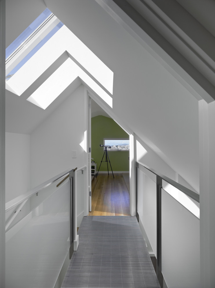 Inspiration for a modern hallway in San Francisco with white walls.