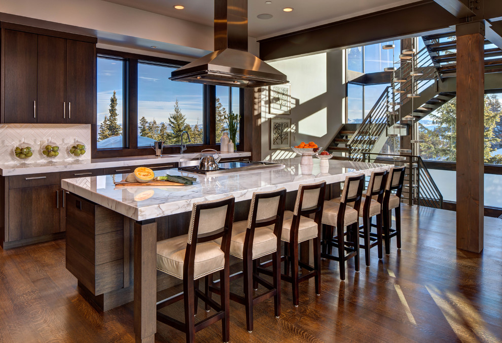 Inspiration for a contemporary kitchen in Salt Lake City with flat-panel cabinets, dark wood cabinets, beige splashback, stainless steel appliances, dark hardwood floors and with island.