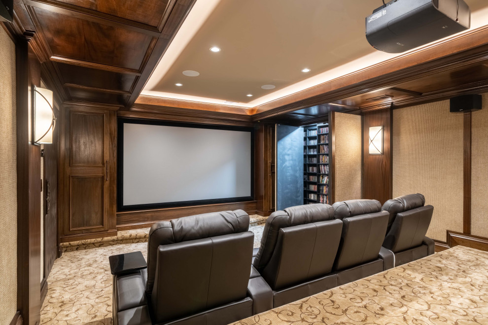 This is an example of a large contemporary home theatre in DC Metro with ceramic floors and grey floor.