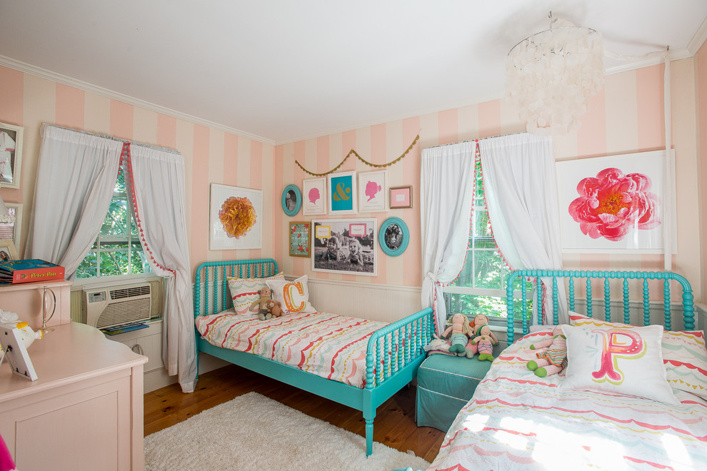 Mid-sized traditional kids' bedroom in Boston with medium hardwood floors and multi-coloured walls for kids 4-10 years old and girls.