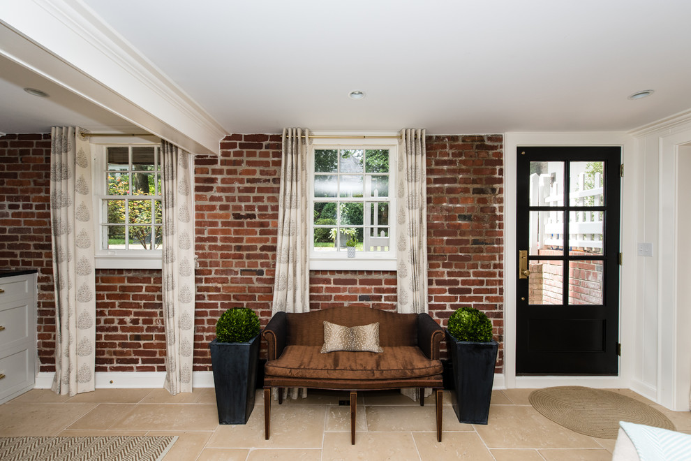 Basement - mid-sized transitional underground ceramic tile and beige floor basement idea in DC Metro with white walls