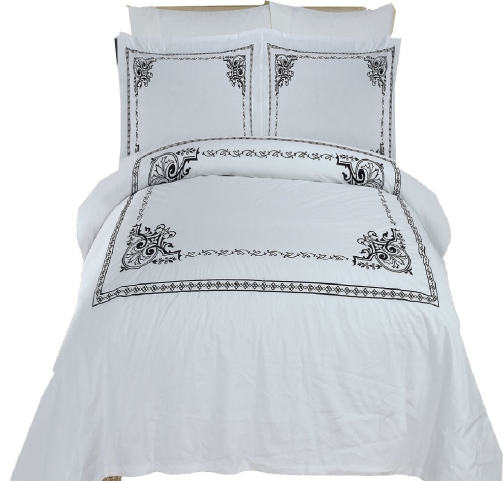 Athena 100% Cotton 4-Piece Comforter Set, White and Black, Full/Queen