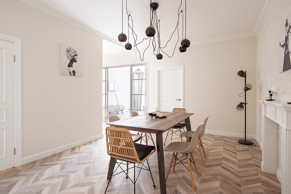 Photo of a contemporary open plan dining in Moscow with white walls, medium hardwood floors and brown floor.