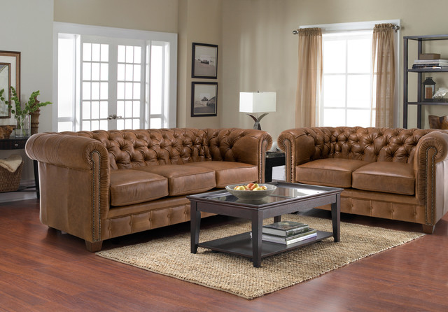 Han Tufted Distressed Saddle Brown Italian Leather Sofa And Han Tufted Distressed Saddle Brown Italian Leather Sofa And Loveseat