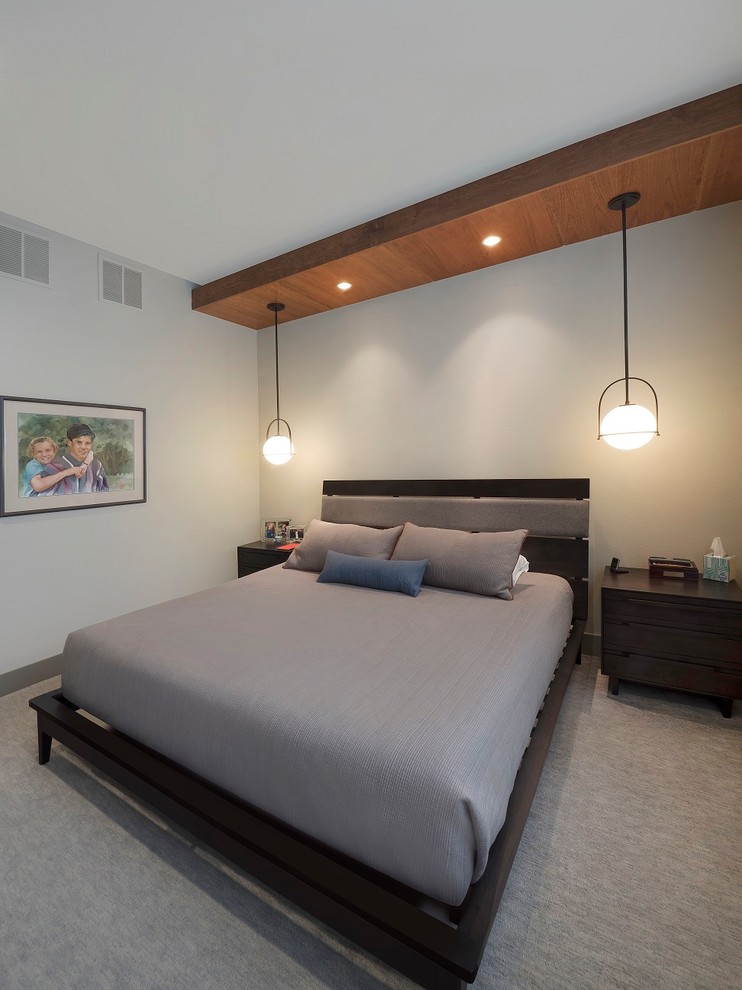 Modern master bedroom in Denver with grey walls, carpet and grey floor.