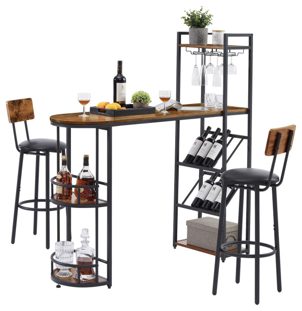 Bar Table and Stool Set With 2 Bar Stools Industrial Indoor Pub And