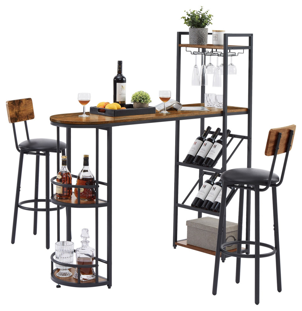 Bar Table and Stool Set With 2 Bar Stools Industrial Indoor Pub And