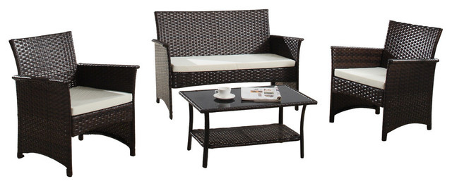 Modern Outdoor Garden, Patio 4-Piece Seat Wicker Sofa Furniture Set, Brown