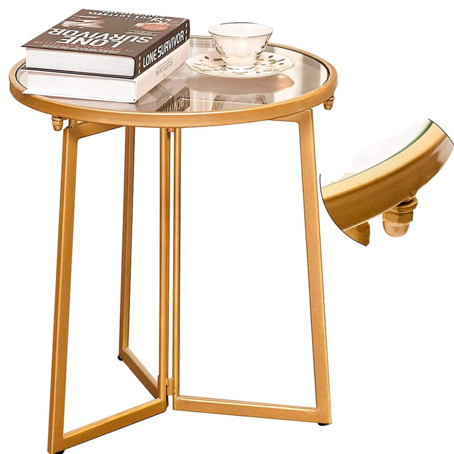 Small Side Table for Small Spaces, Round Metal Glass Contemporary