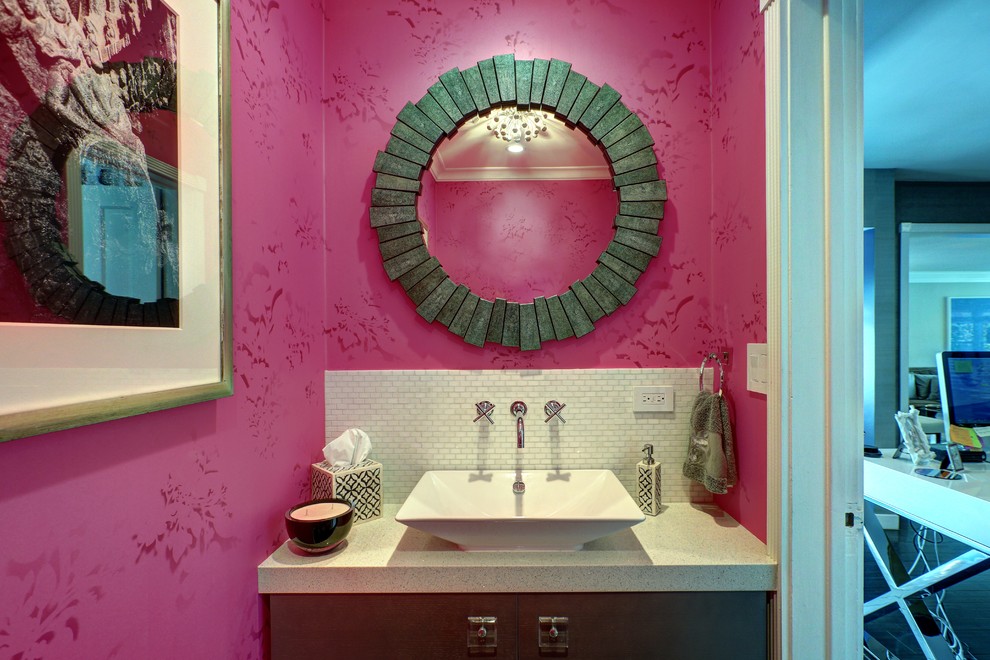 Design ideas for a contemporary powder room in Los Angeles with a vessel sink.