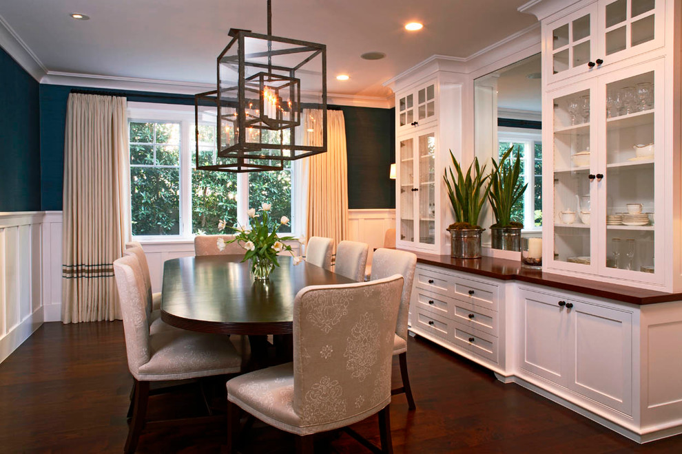 Photo of a mid-sized traditional separate dining room in Orange County with black walls, dark hardwood floors and no fireplace.