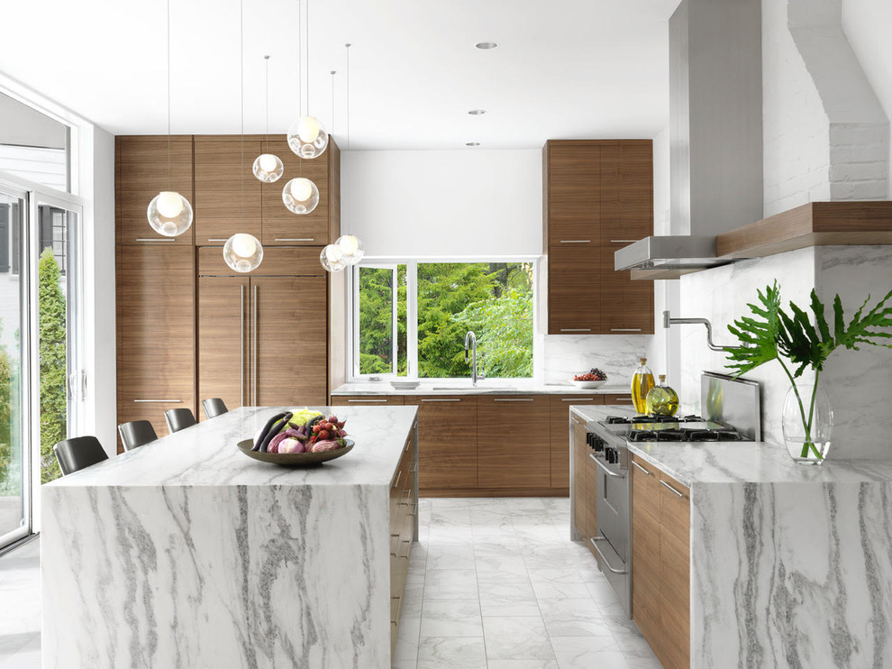 Inspiration for a mid-sized contemporary kitchen in St Louis with flat-panel cabinets, brown cabinets, white splashback, panelled appliances, with island, white floor, an undermount sink, marble benchtops, stone slab splashback and ceramic floors.