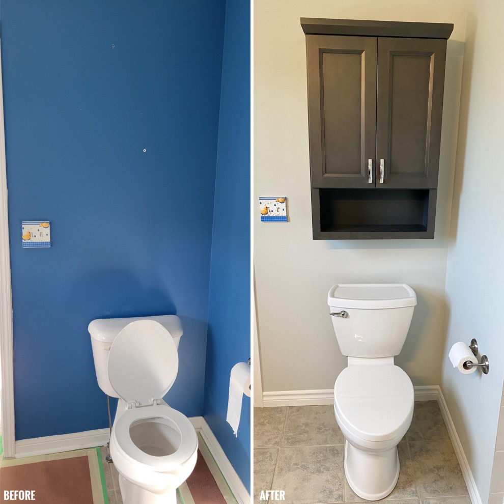 Bathroom - transitional 3/4 porcelain tile, gray floor and single-sink bathroom idea with recessed-panel cabinets, a one-piece toilet, gray walls, an undermount sink, quartzite countertops, white countertops and a built-in vanity