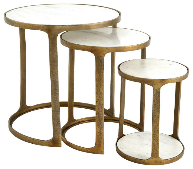Textured Brass Bronze Nesting Table Marble Top Round Tiered Classic, 3 ...