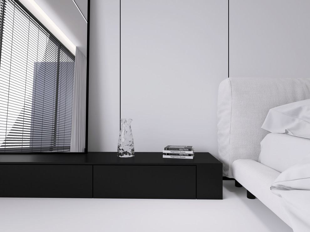 Белая спальня в стиле минимализм.  Основная чертами этой спальни это большая гар
