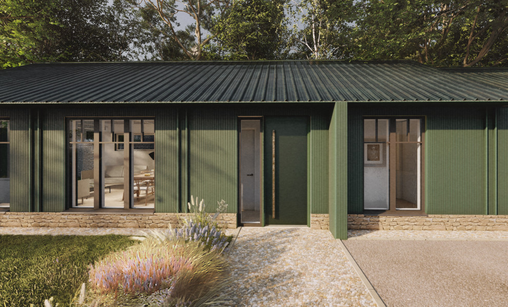 Inspiration för mellanstora industriella gröna hus, med allt i ett plan, sadeltak och tak i metall