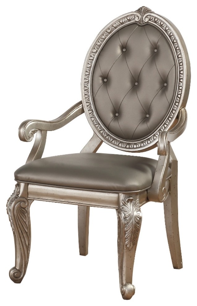 Faux Leather Wooden Arm Chair With Carved Details, Gray & Gold, Set Of