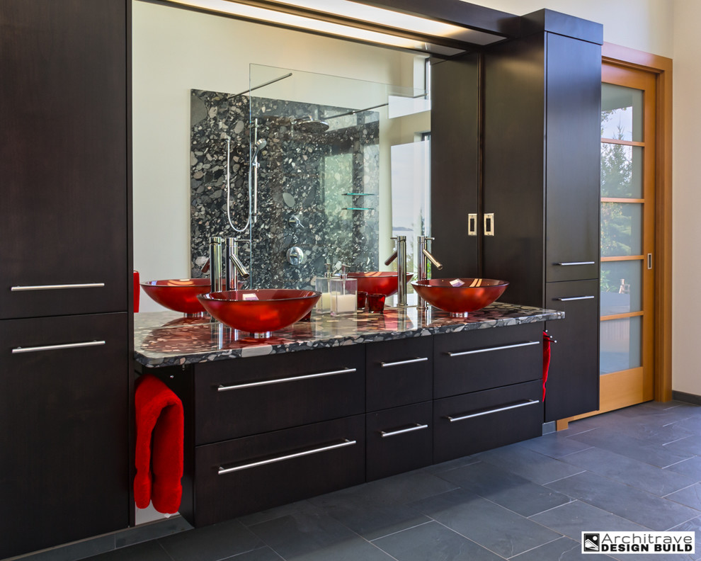 Design ideas for a mid-sized contemporary master bathroom in Vancouver with flat-panel cabinets, black cabinets, white walls, slate floors, a vessel sink and granite benchtops.