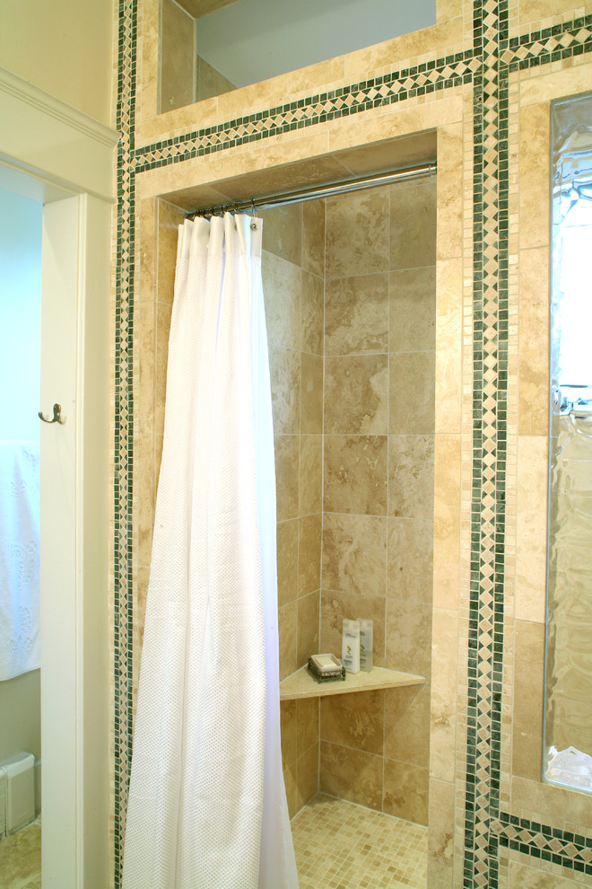 This is an example of a large arts and crafts master bathroom in DC Metro with raised-panel cabinets, an open shower, a one-piece toilet, ceramic tile, beige walls, dark hardwood floors and a drop-in sink.