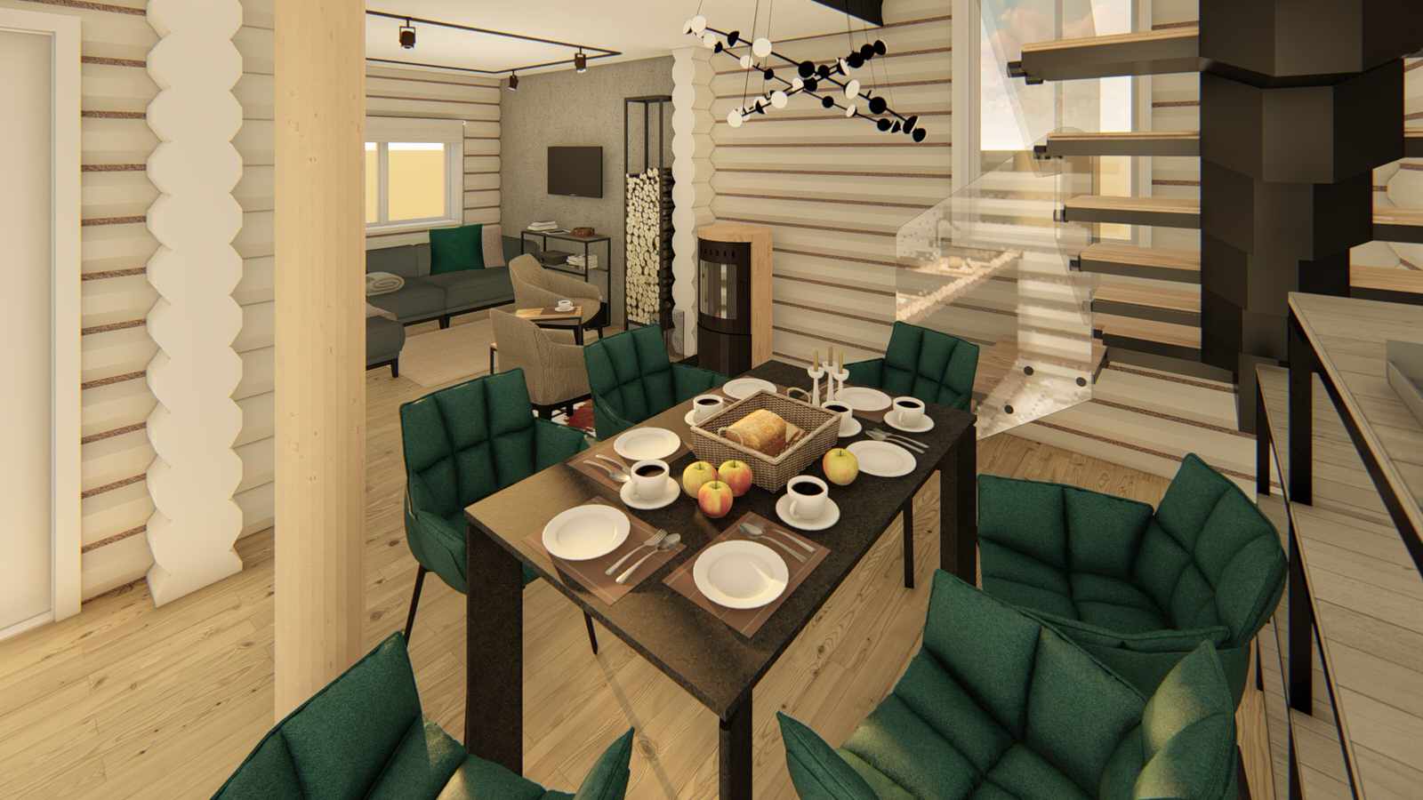 Интерьер двухэтажного коттеджа из оцилиндрованного бревна